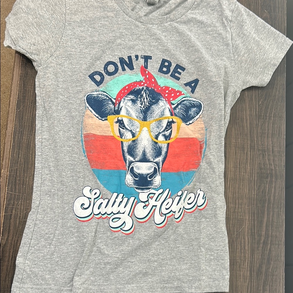 Gray Tee with Cow Graphic and Colorful Accents